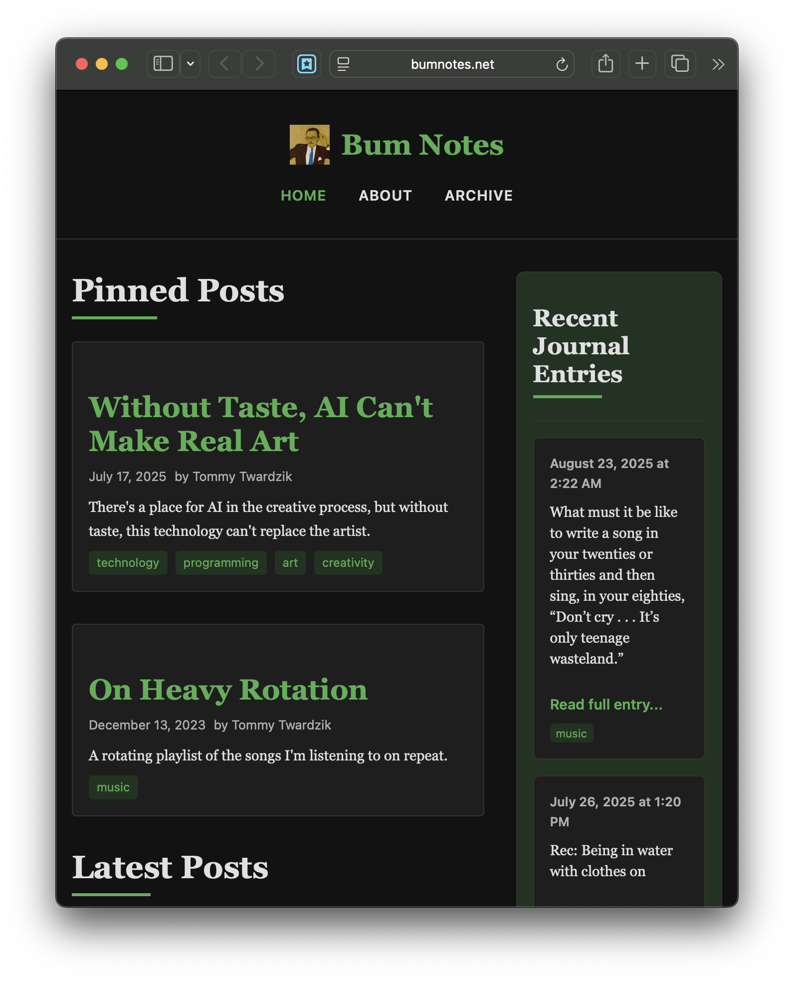 Screenshot of the Bum Notes blog with a dark theme