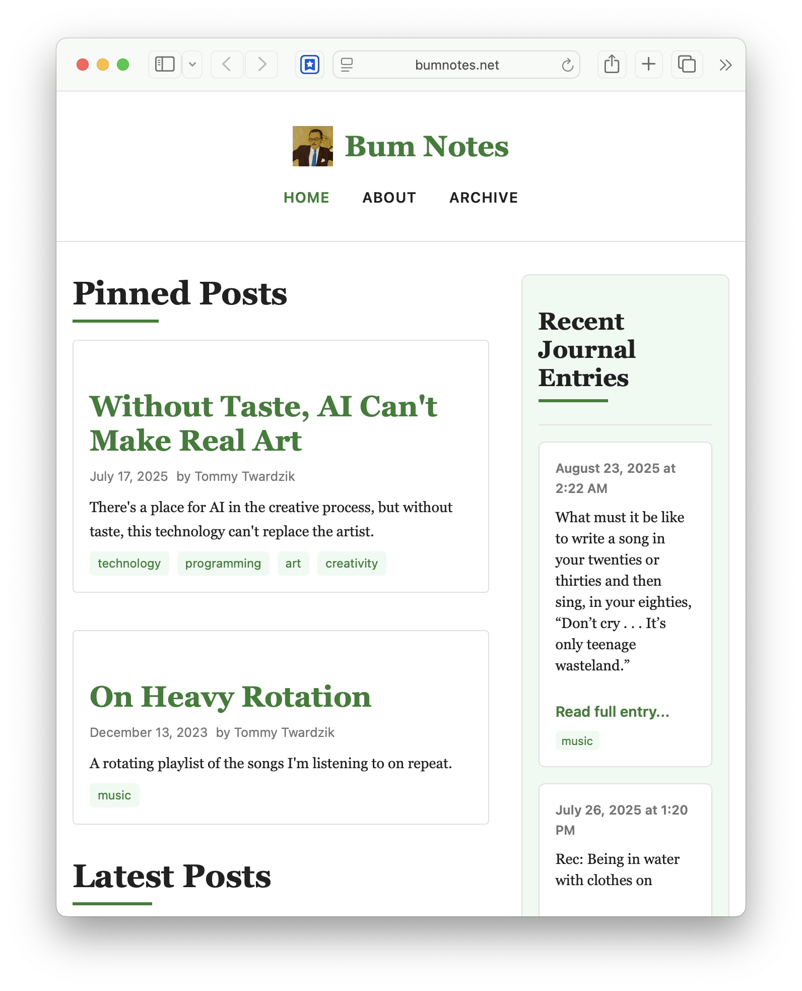 Screenshot of the Bum Notes blog with a light theme