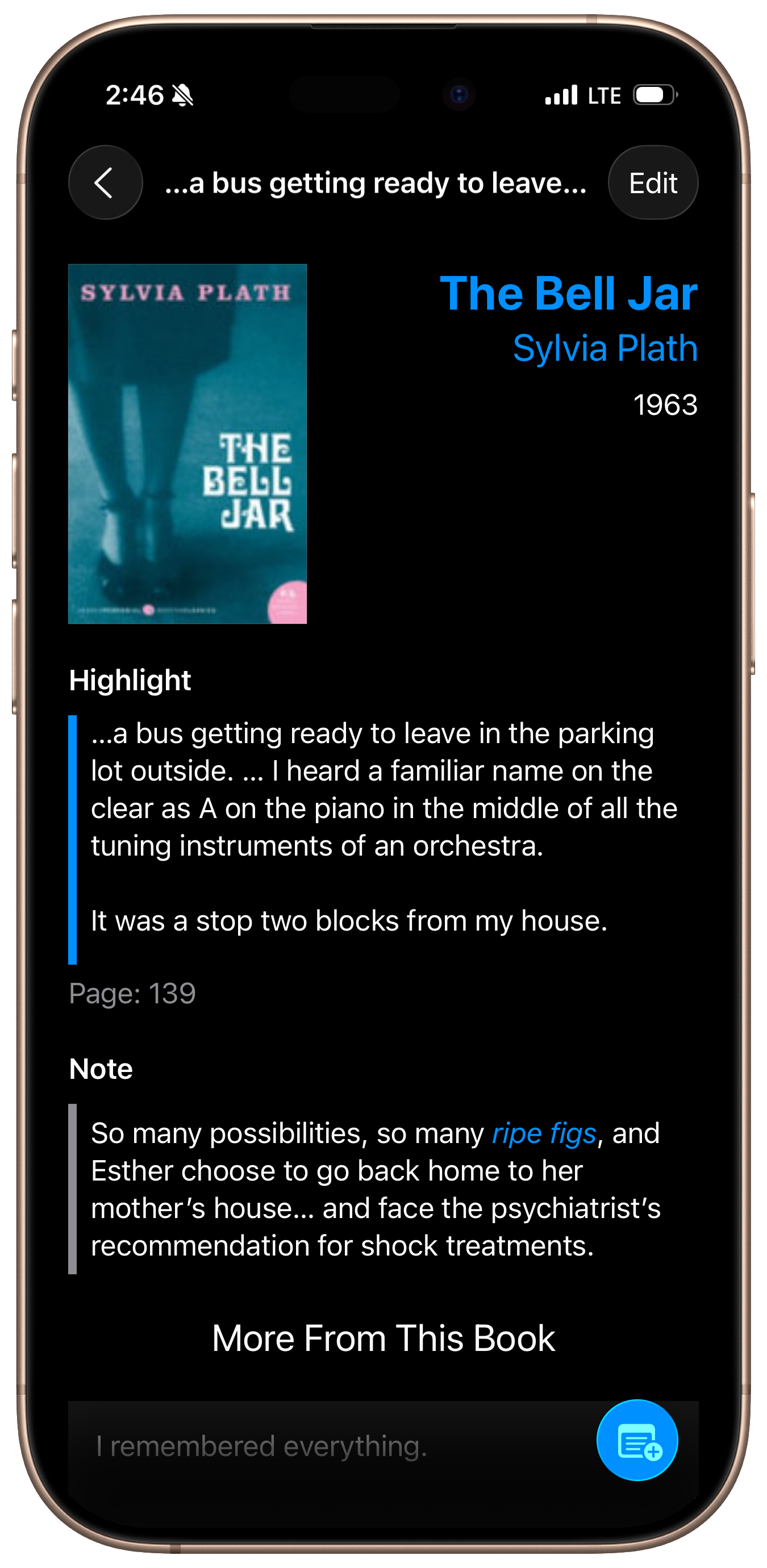 Screenshot of the Clew app with a dark theme showing a highlight from Sylvia Plath's The Bell Jar
