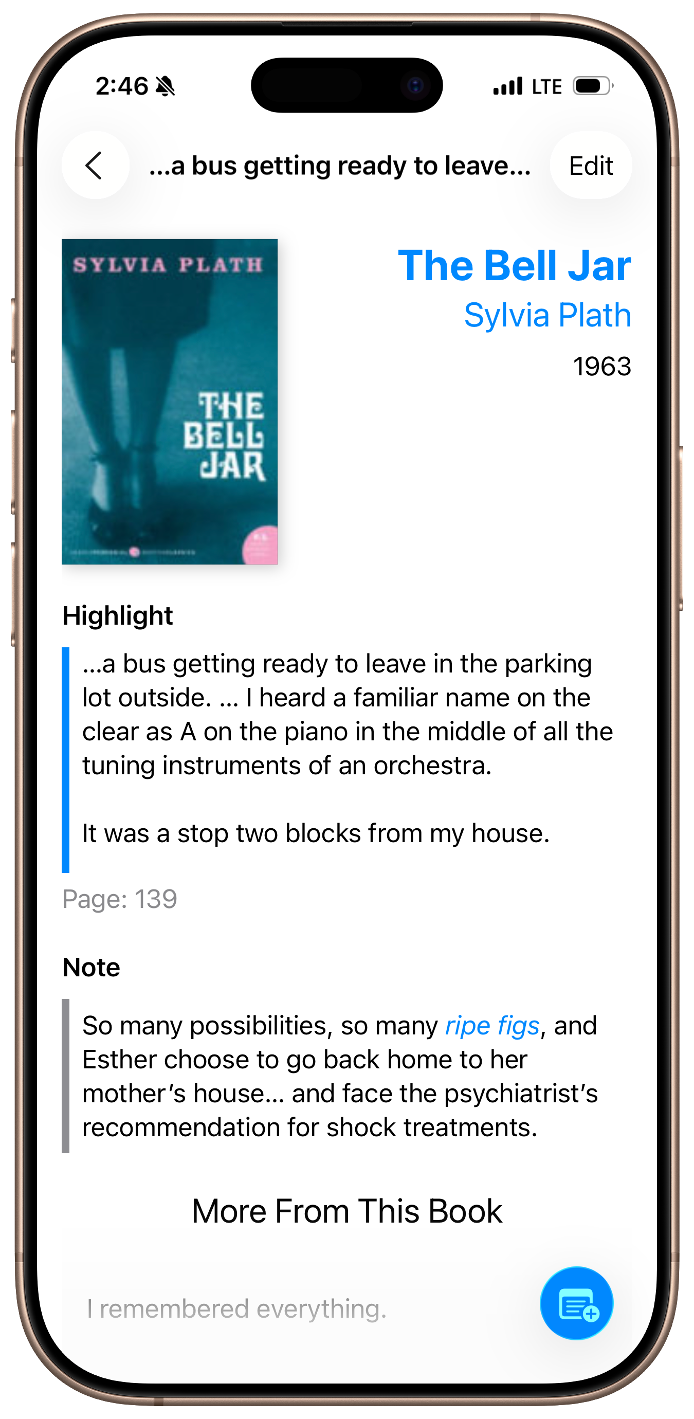 Screenshot of the Clew app with a light theme showing a highlight from Sylvia Plath's The Bell Jar